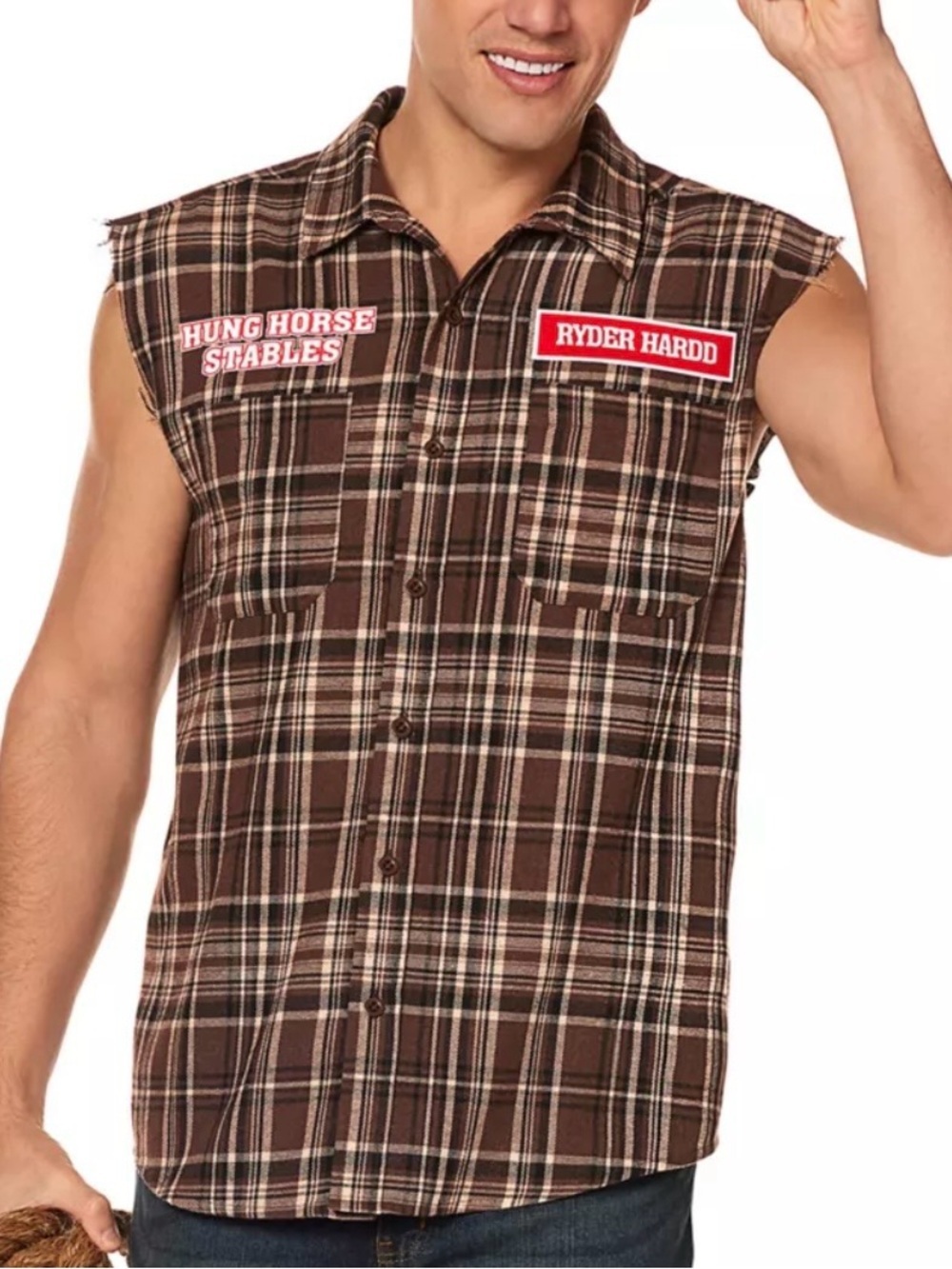 NWT Spirit Brown Plaid Sleeveless Button-Down Cowboy Hung Horse Stables Shirt L
